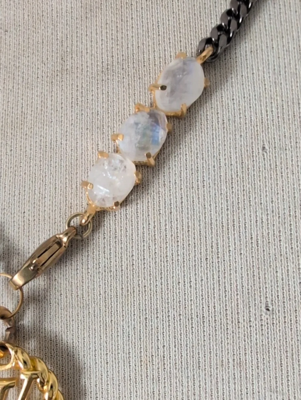 Louis Vuitton Gold On Black Rhodium Flat Curb Chain Necklace Moonstone Accents